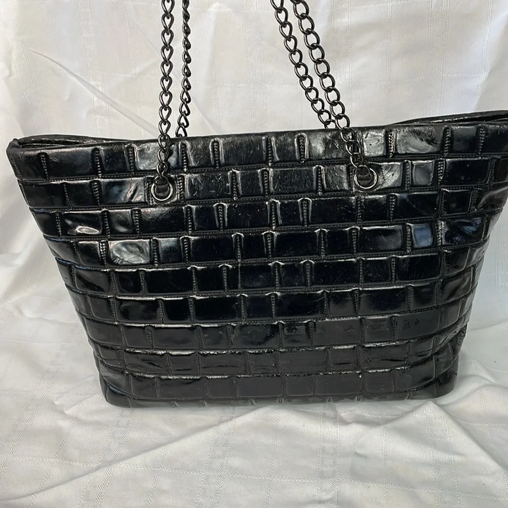 Chanel Brick Chocolate Bar Quilted Frozen Tote Bag Large Black Vinyl Chain Strap